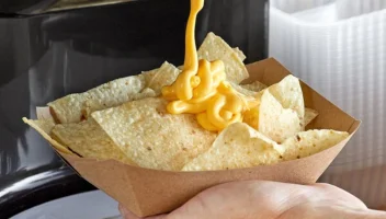 Nacho cheese sauce, drizzled over tortilla chips.
