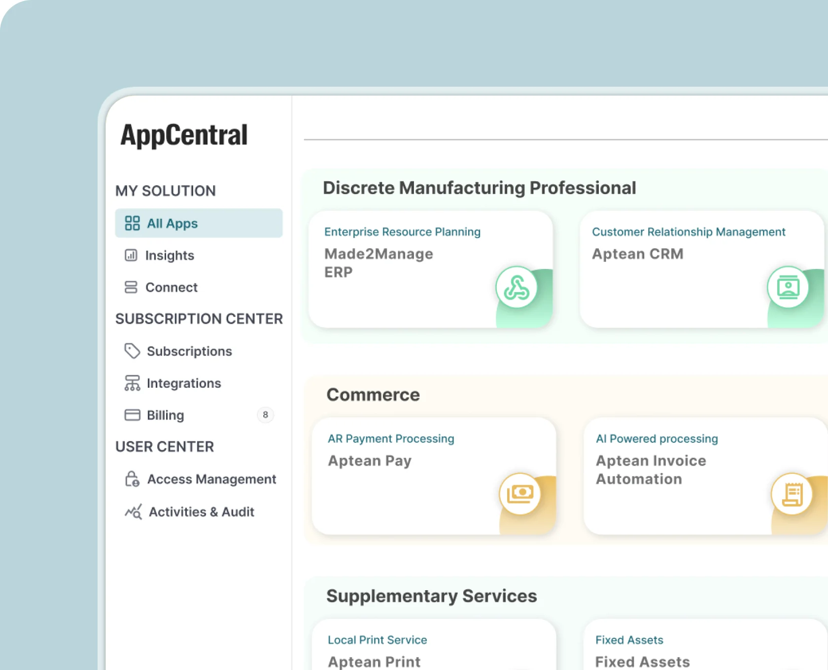 Aptean AppCentral dashboard showing manufacturing insights and workflow cards