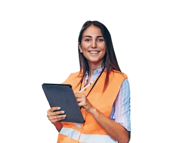 Woman in orange vest with tablet