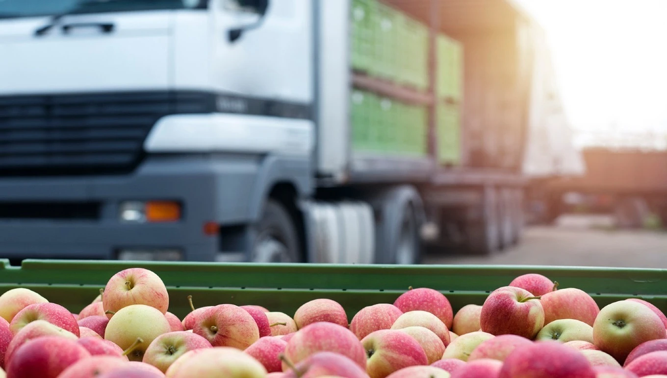 truck behind basket of apples