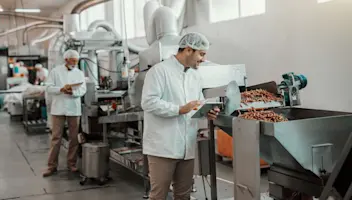 Food factory workers observe automated manufacturing lines running.