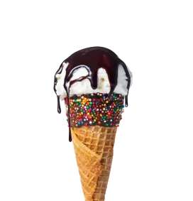 Ice cream cone with chocolate sauce.