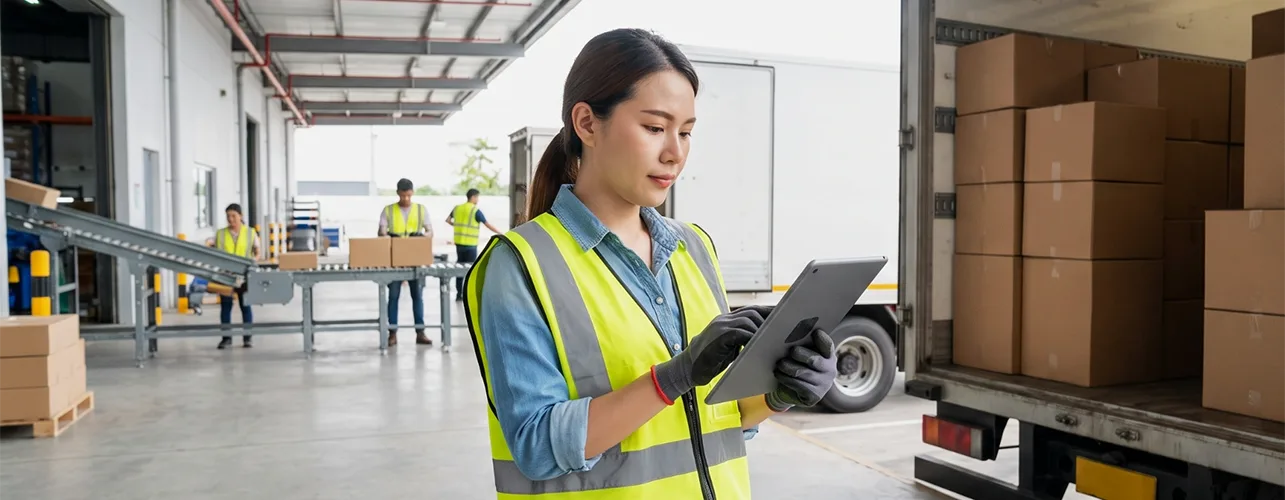 Female worker looking at tablet next to a truck with packages.