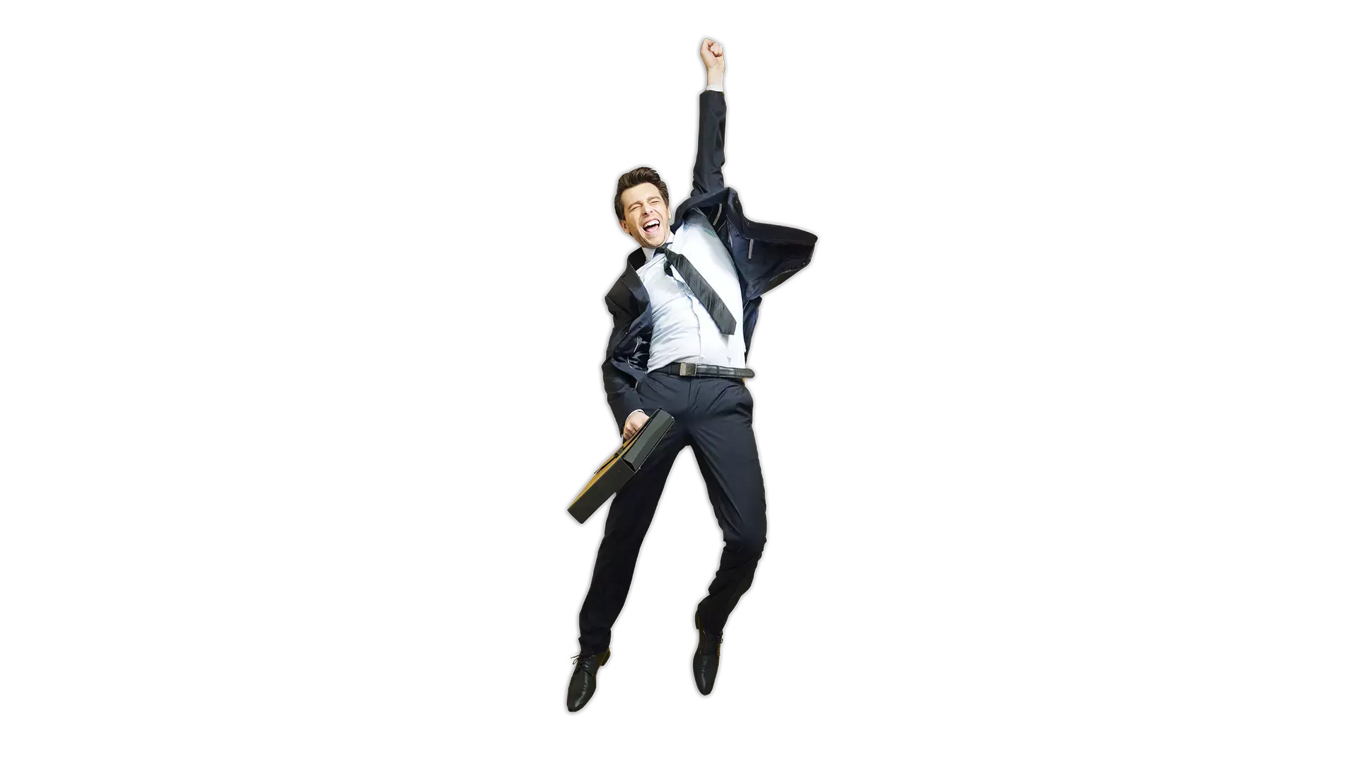 A man jumping in business attire.