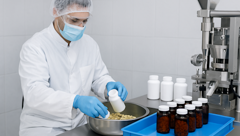 Pharmacist fills pills into glass jars.