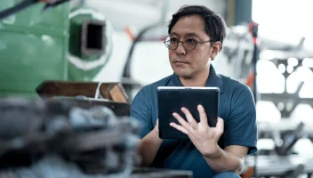 Man using touch screen device on factory floor