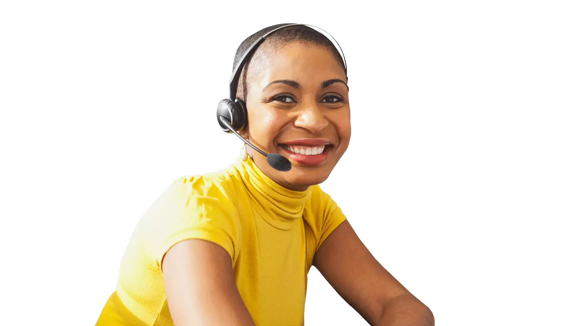 Mujer sonriente con un micrófono de diadema