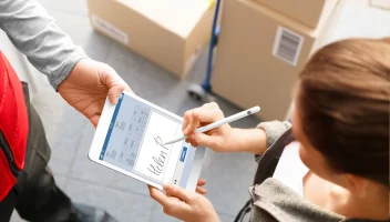 Woman signing tablet for a package