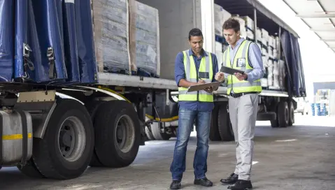 2 men looking at tablet with trucks in the background.