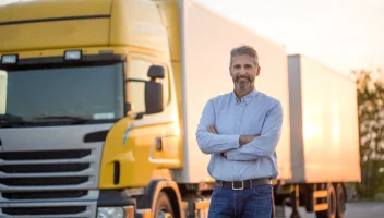 Man standing near delivery fleet truck smiling with arms crossed.