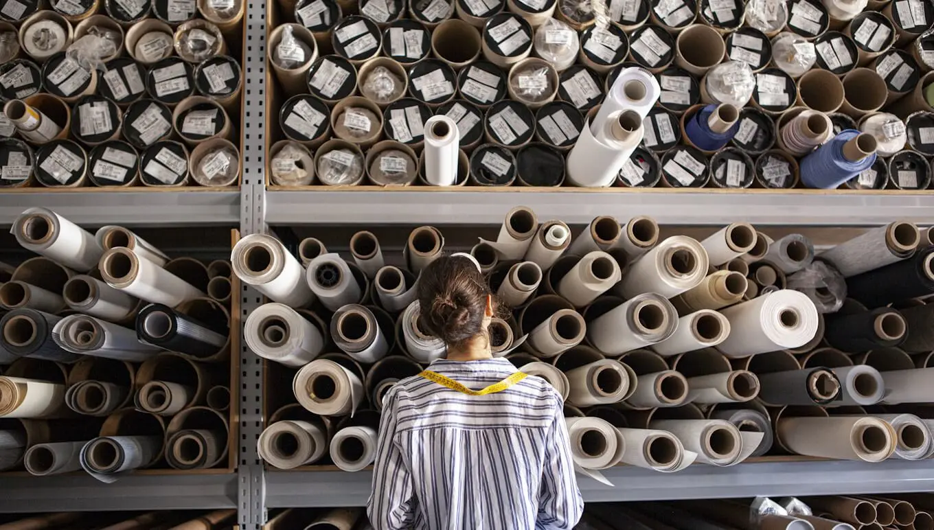A woman with a measuring tape is looking at a large shelf with fabric rolls.