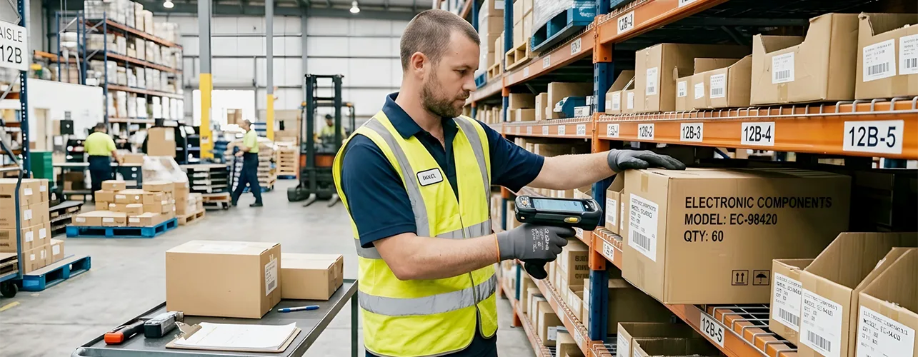 Warehouse worker scans a package.