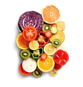 Frutas y verduras frescas en rodajas