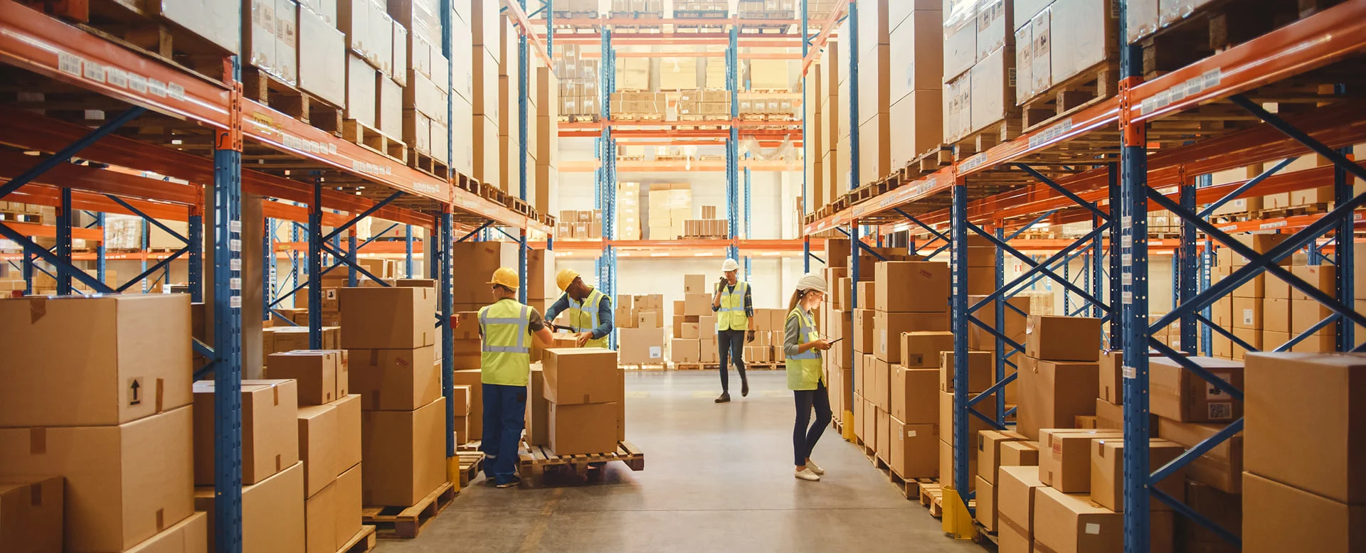Workers scanning and sorting packages in a retail warehouse