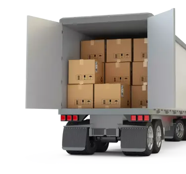 White and red freight truck transporting goods in cardboard boxes