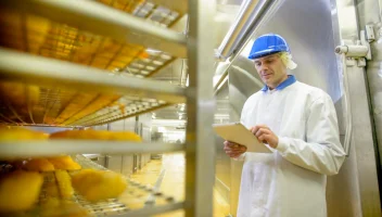 A food facility worker takes stock of products on a cooling rack.