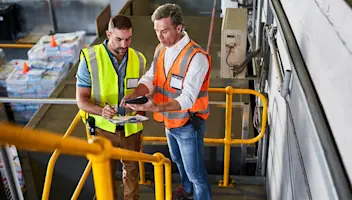 two workers looking at workarounds report