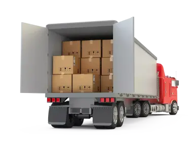 Witte en rode vrachtvrachtwagen die goederen in kartonnen dozen vervoert