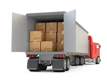 White and red freight truck transporting goods in cardboard boxes