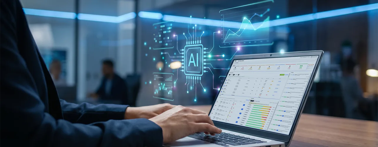 A man working on a laptop with data and an AI-generated graphic illustration.