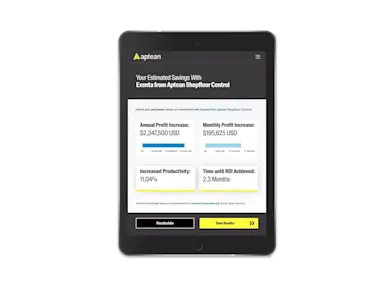 Tablet device displaying a webpage for the Exenta Shop Floor Control return on investment calculator