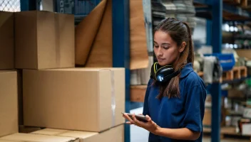 Women warehouse worker reviewing tablet near boxes