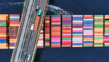 Container ship sailing under bridge