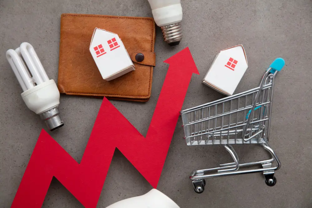 Red increasing trend line showing increase in prices for home, electricity, and shopping