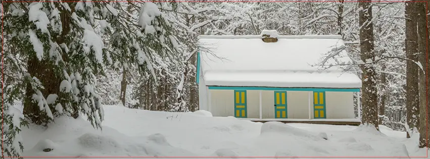 White wooden home covered in snow in forest during heavy snowfall