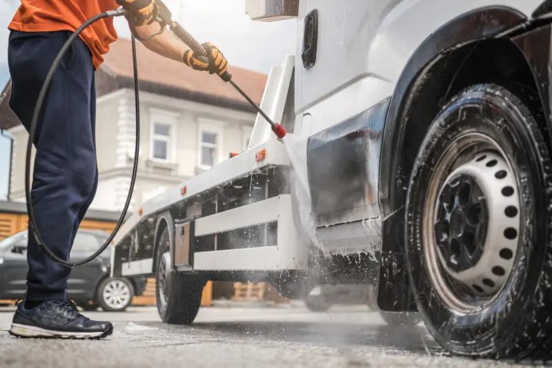 Worker pressure washing commercial truck