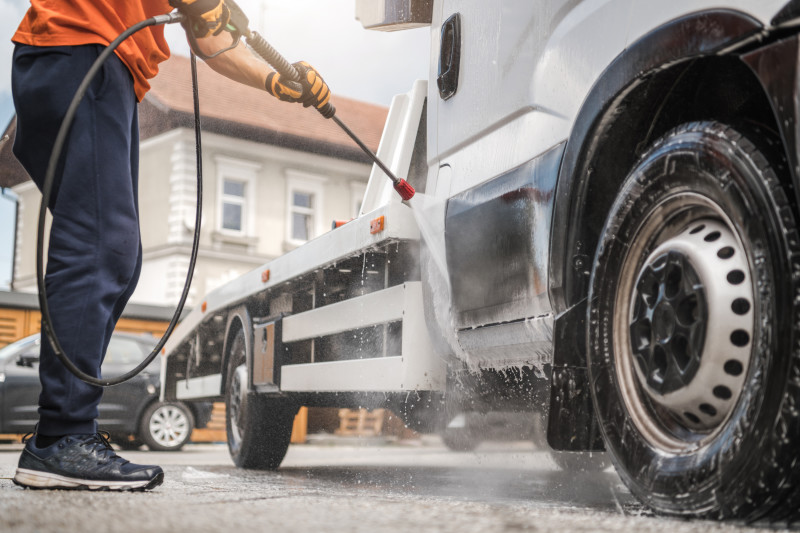 Person using pressure to wash commercial vehicle 