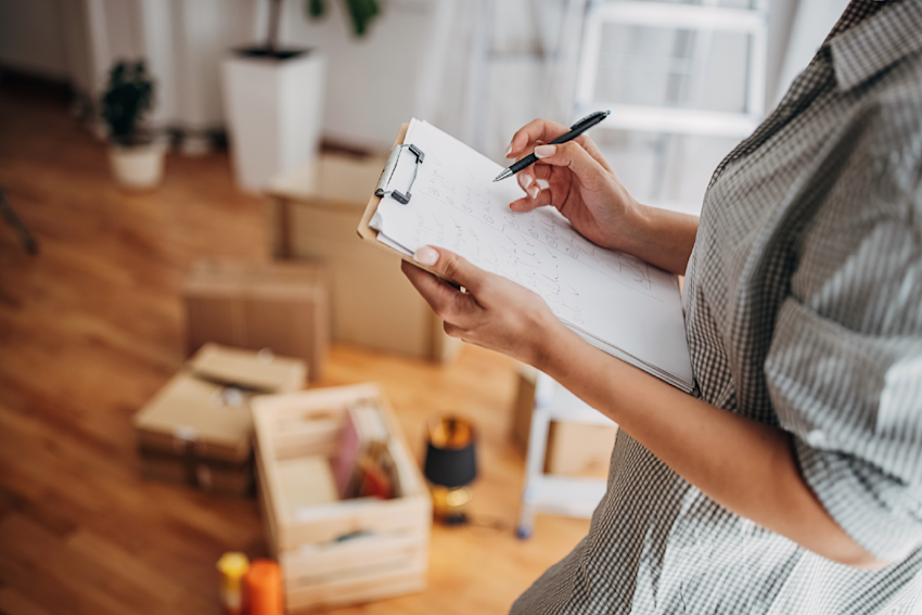 Homeowner with clipboard taking home inventory of their belongings for a home insurance policy