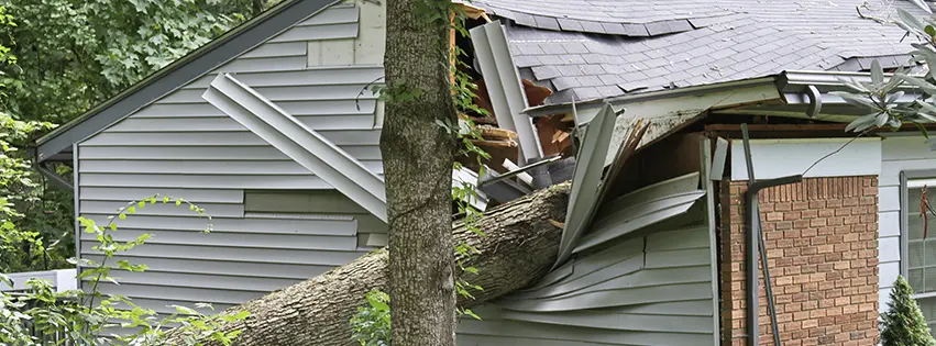 Damaged roof and exterior of house from tree falling during heavy storm