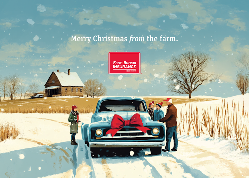 Illustration of Tennessee family gathered around farm truck on Christmas morning