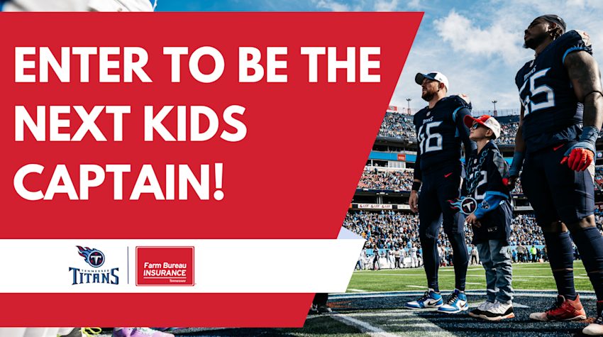 Tennessee Titans Kids Captain participating in cointoss with Titans players