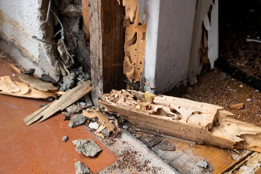 Extensive termite damage on a wooden plank, showing deep tunnels and large exit holes