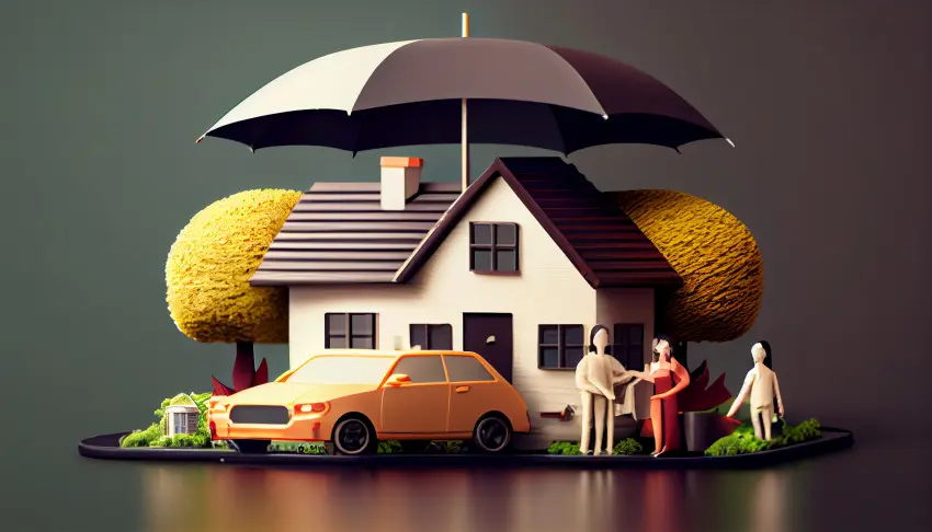 3D rendering of a family standing under a large umbrella in front of a modern house