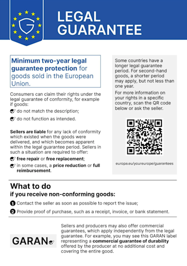 Infographic explaining the EU Right to Repair Legal Guarantee and QR code.