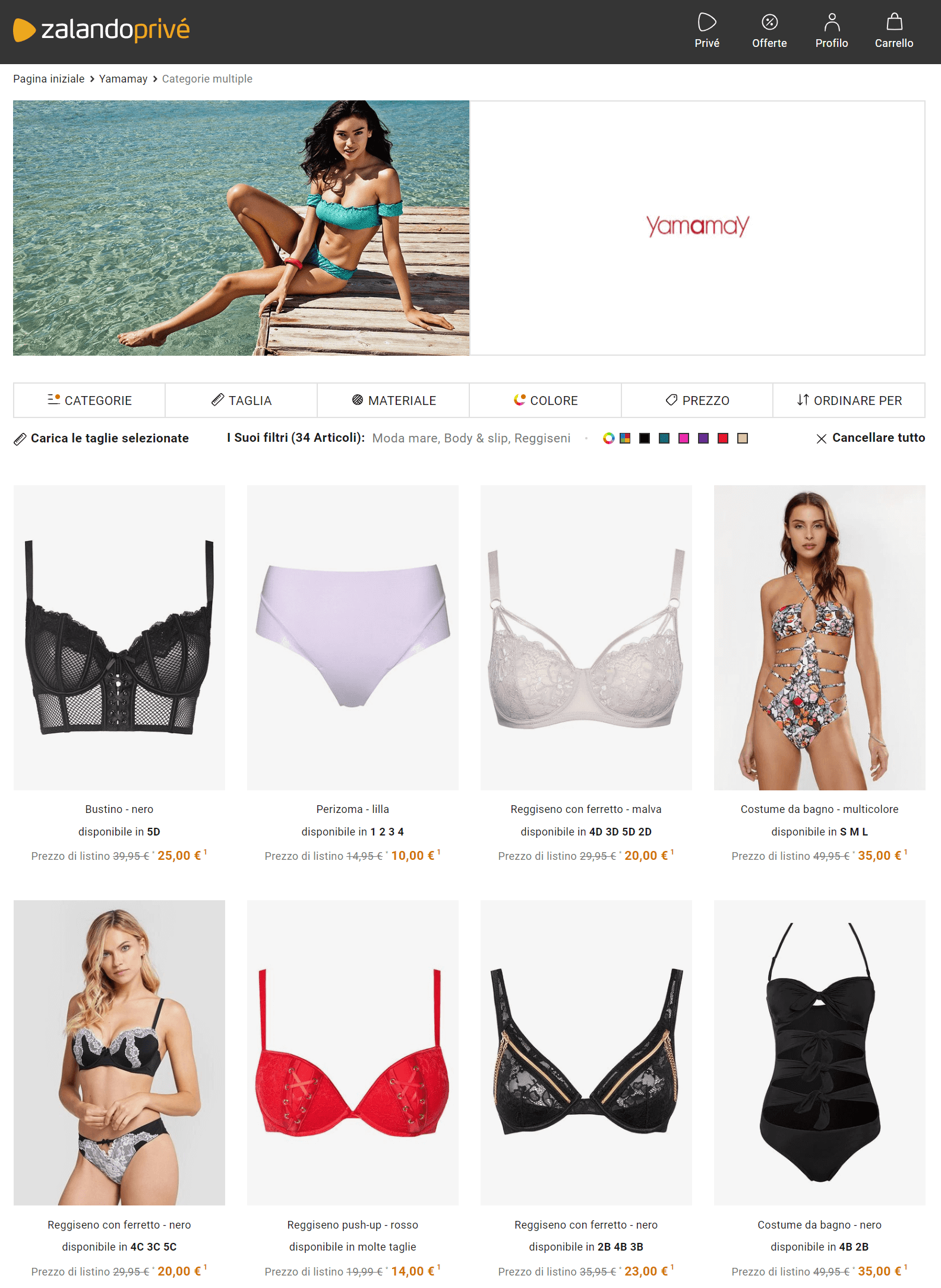 Tabella top taglie yamamay