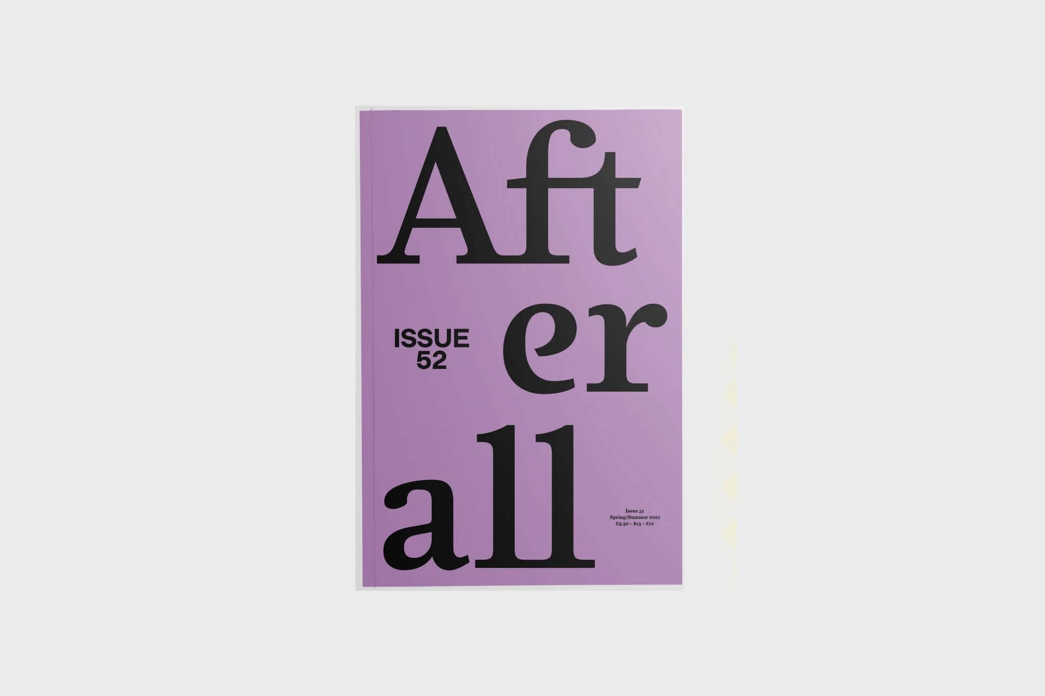 Light purple magazine cover with title, "Afterall" in black letters. The text "Issue 52" is printed in black on the left side. 