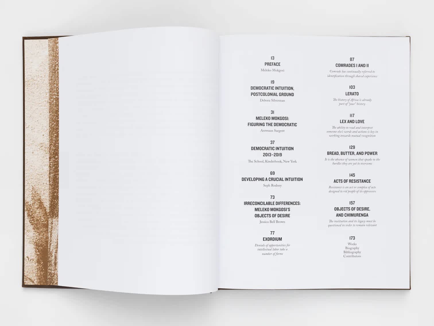 Open book with blank left page and table of contents on the right.