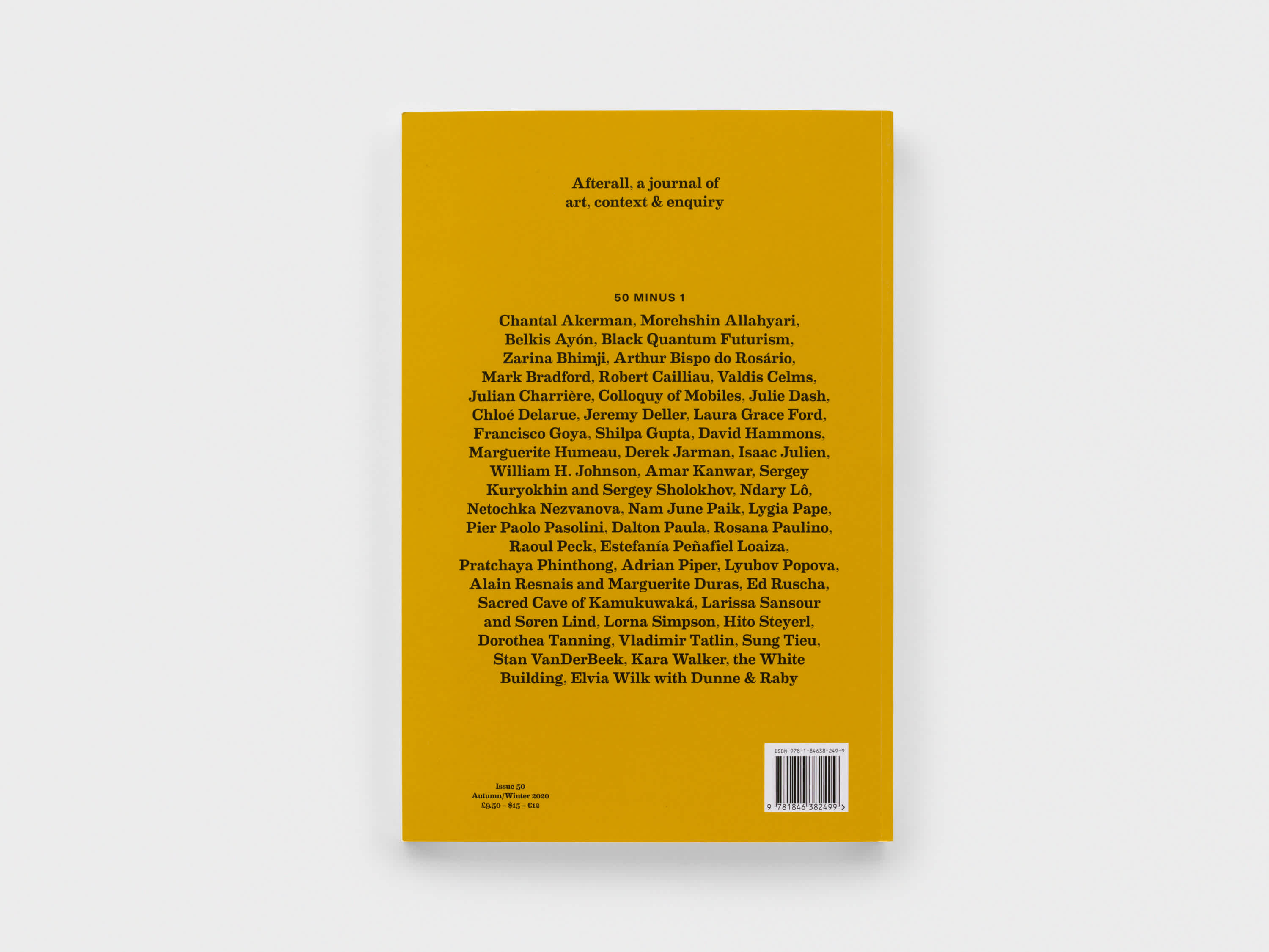 Back cover of a yellow magazine. Black text is aligned in the center of the cover. A barcode is in the right bottom corner.