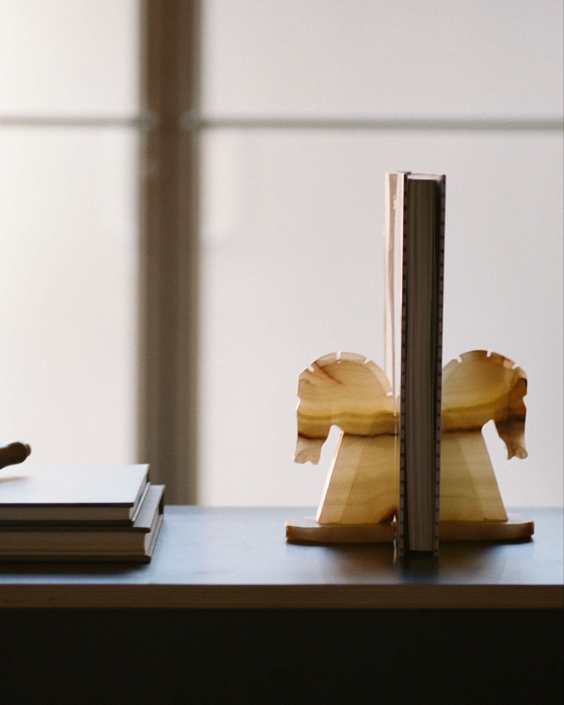 Two wooden bookends shaped like horse heads hold up a single vertical notebook on a desk. A small stack of closed books lies next to them. Sunlight filters through a window in the background.