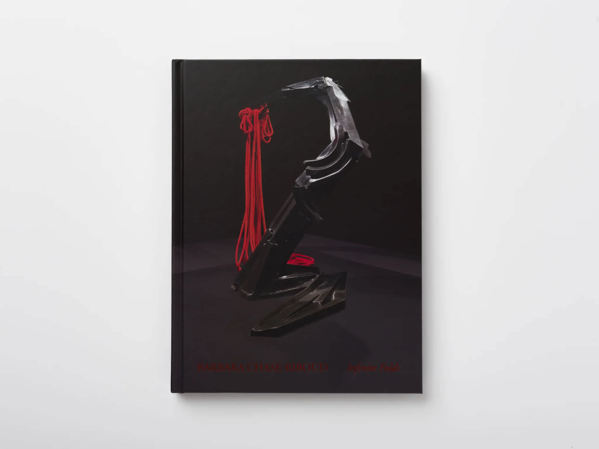 Book cover with large black metal sculpture, almost like a hook, holding a tangle of long red rope. The sculpture sits in a black room.