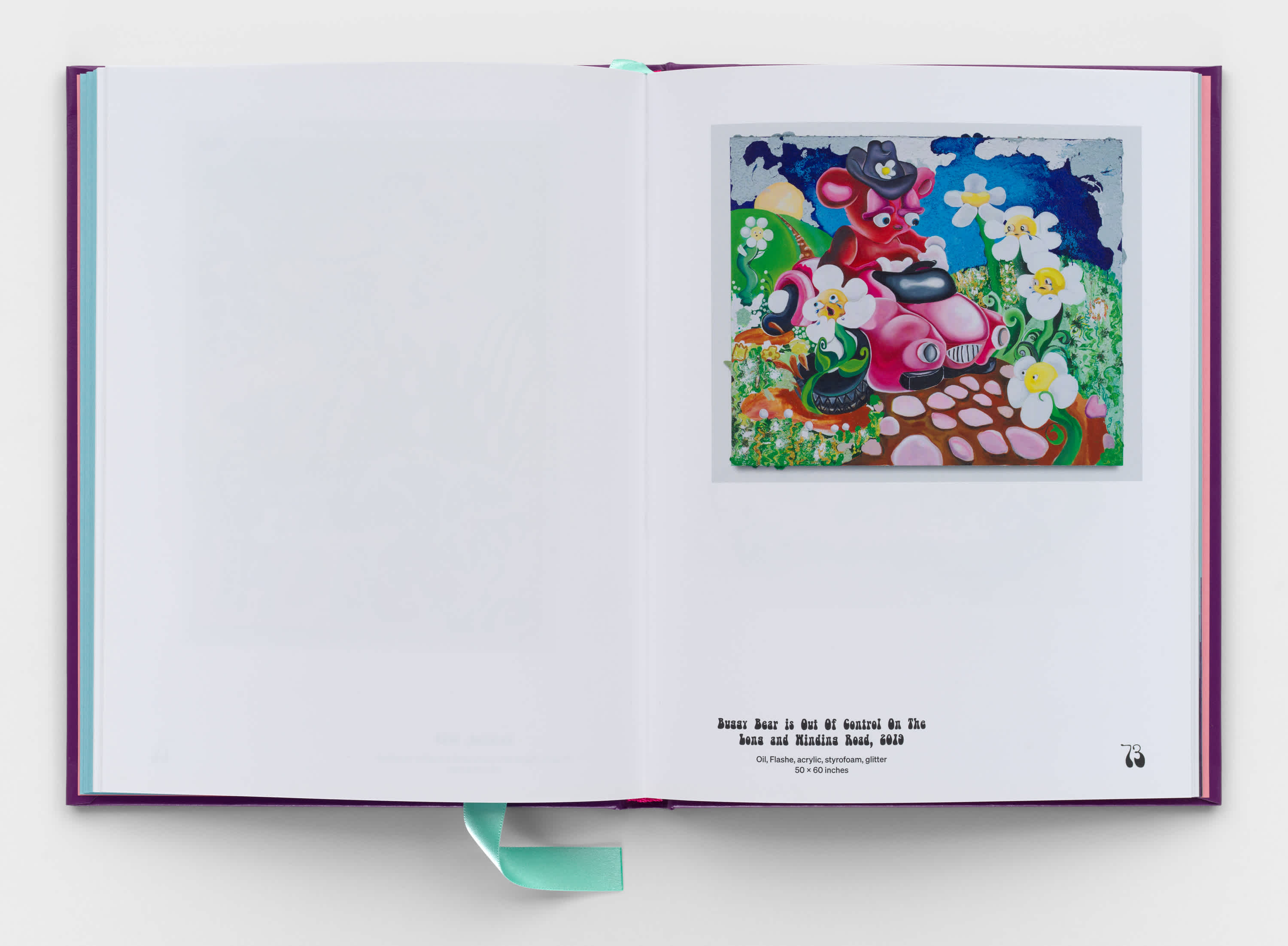 Open book which features a painting of a cartoon, pink bear driving a pink buggy car along a rolling stone road. Several crying sunflowers dot the edge of the road.