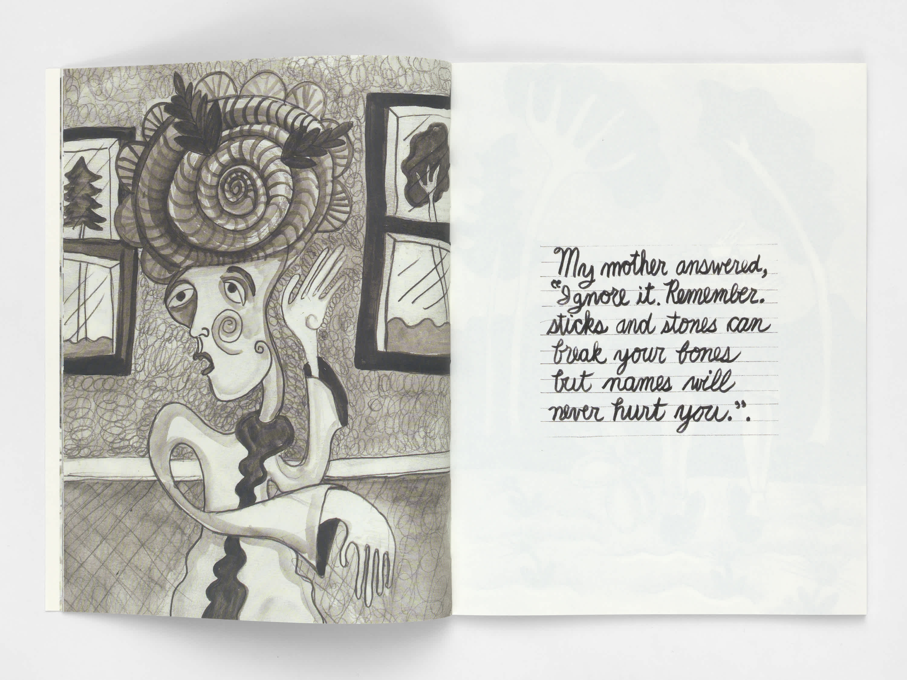 Open book with an ink drawing of a woman standing in a hallway on the left page, and two lines of handwritten script on the right page.