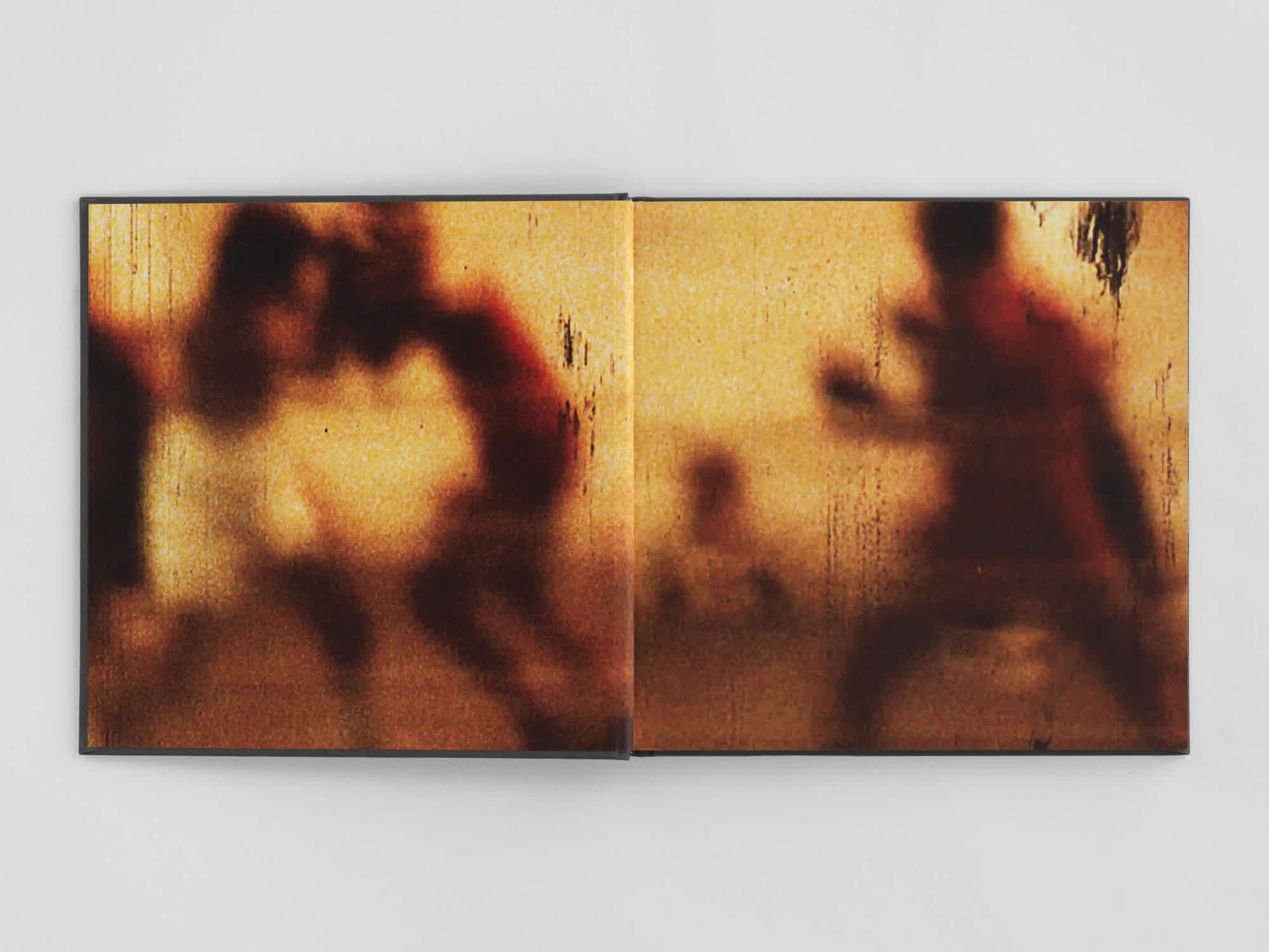 Open book with blurry, full-bleed centerfold image of bodies in motion.