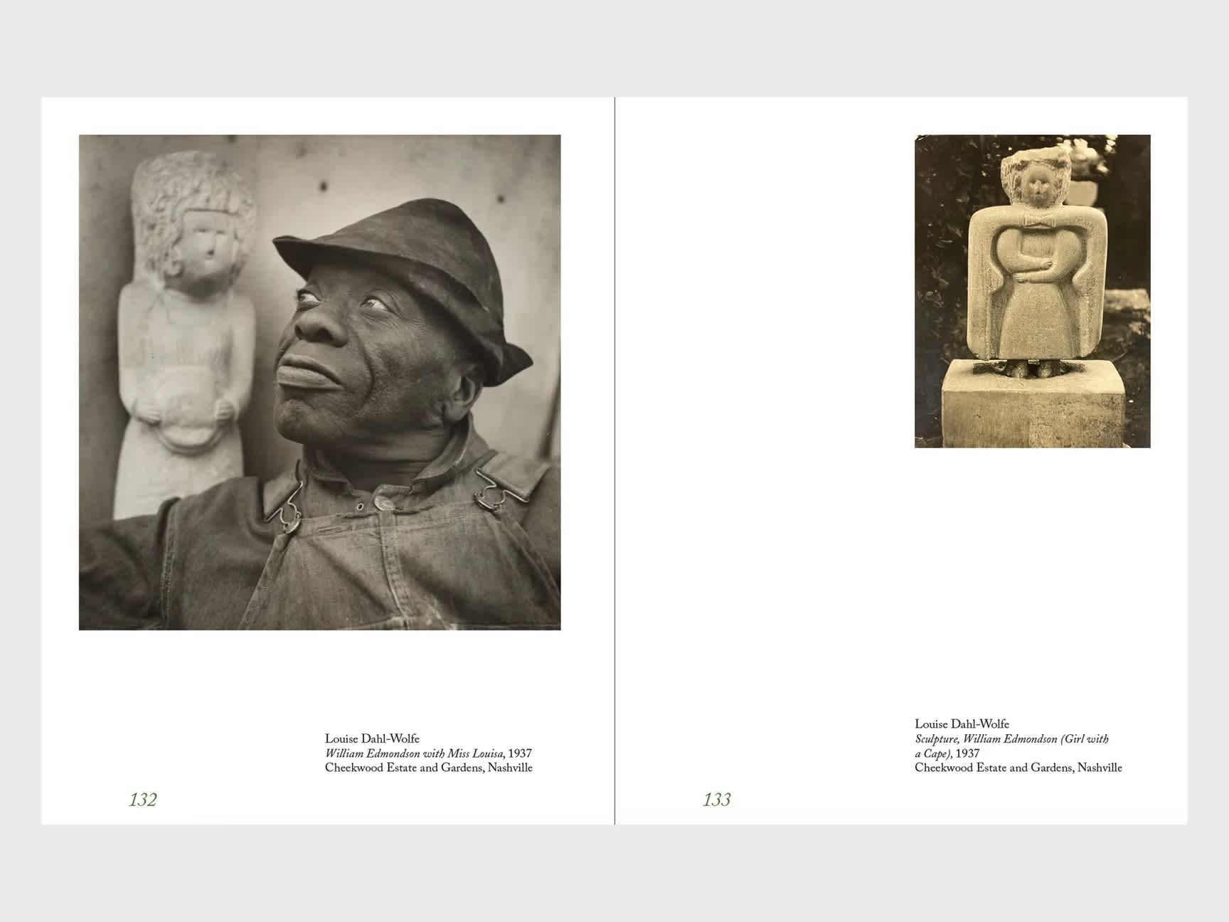 Two page book spread. The left page features a photograph of the sculptor William Edmondson. The image credit sits in the bottom right corner. The second page features a photograph of one of Edmondson's sculpted angels. The image credit also sits in the bottom right corner. 