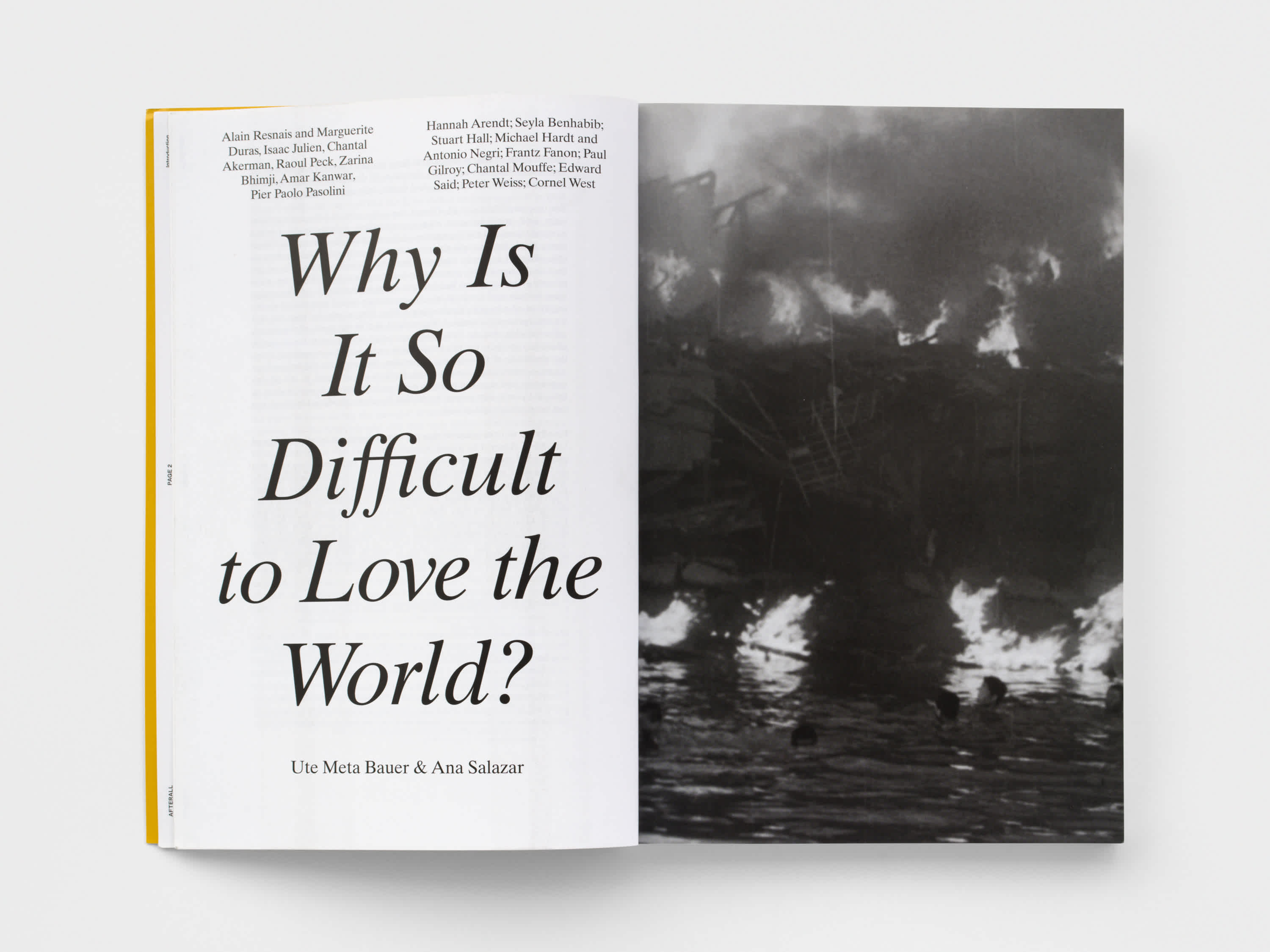 Magazine interior with a section title on the left page and a black and white image on the right page.