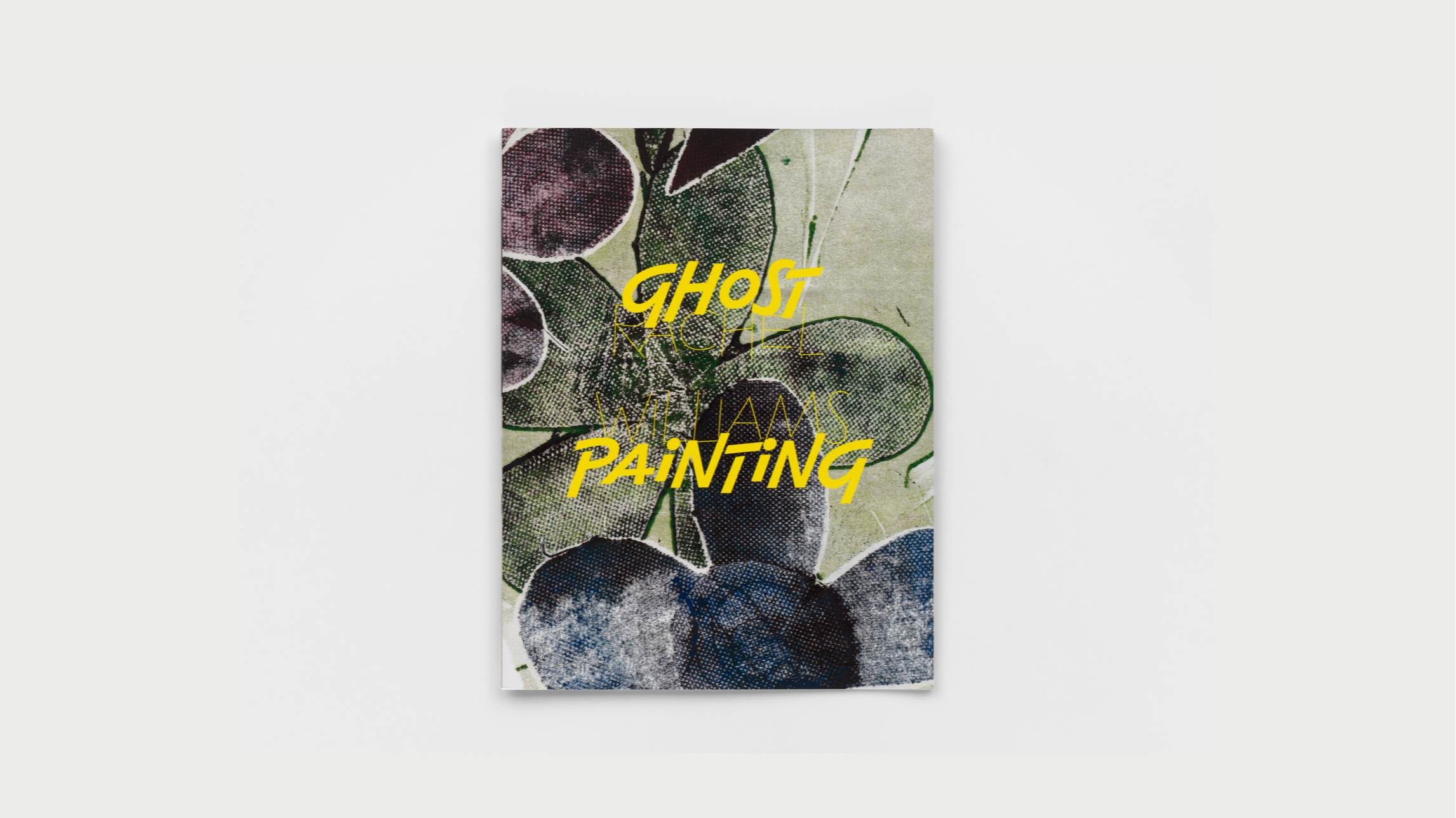 Muted green, purple and blue abstract flowers on a book cover. The title and author are printed in dynamic yellow letters.
